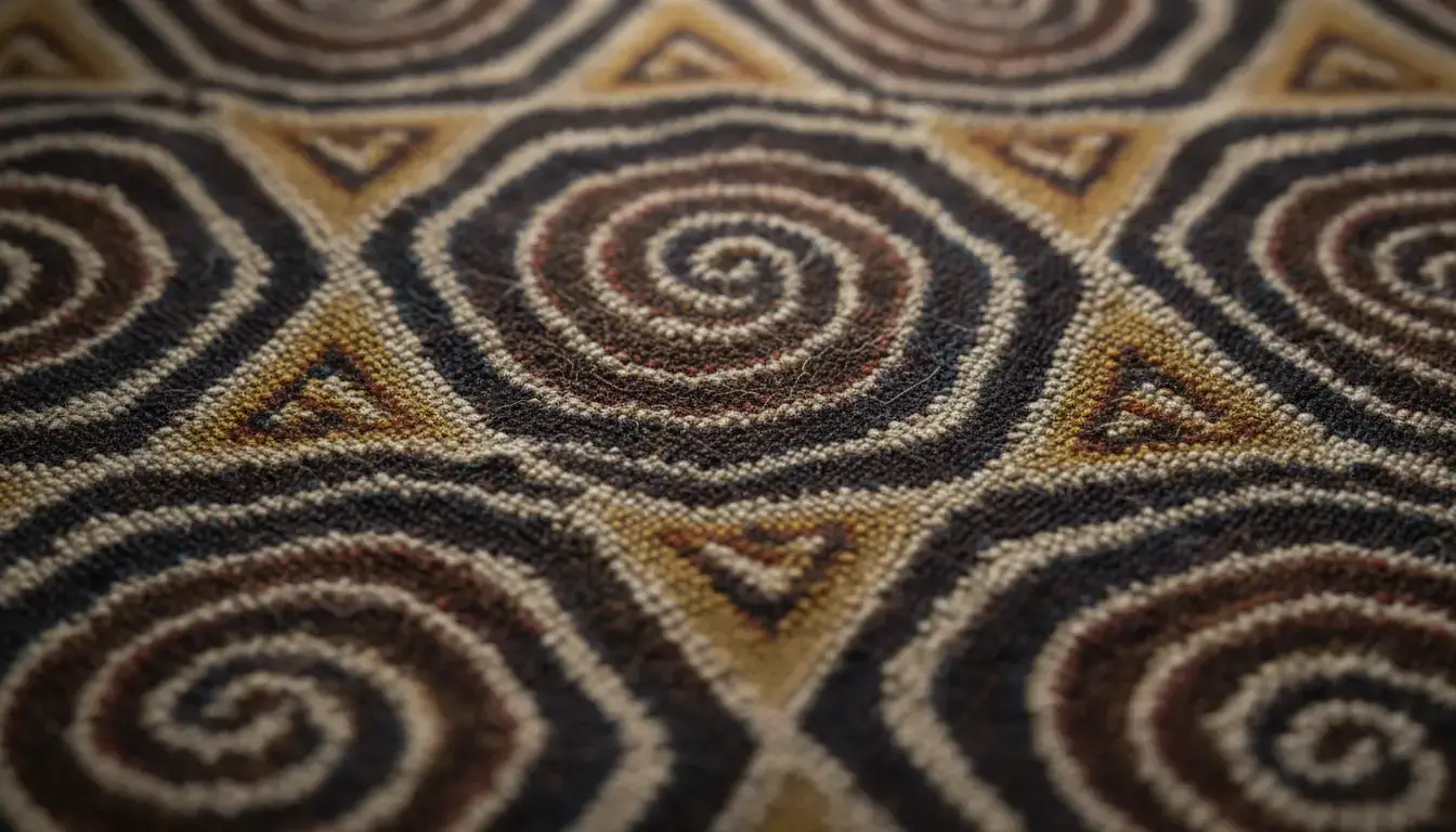 Gros plan sur un tissu Kené Shipibo, motif sacré dont l'origine est liée aux visions des chamanes Meraya.