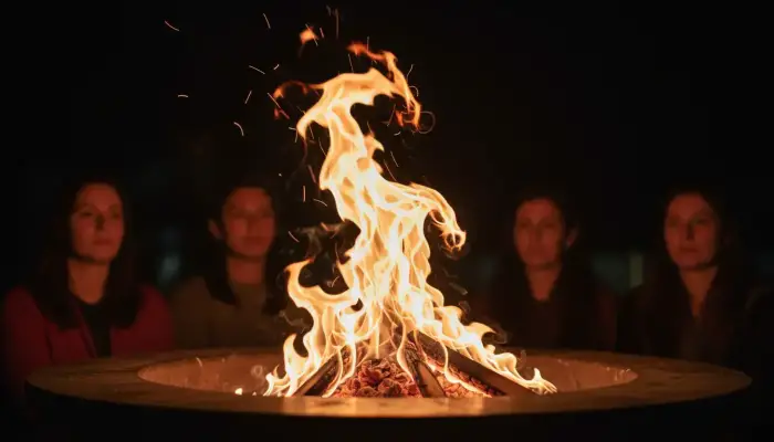 Feu de cérémonie chamanique crépitant, symbole de l'activation du potentiel intérieur et de la renaissance spirituelle.