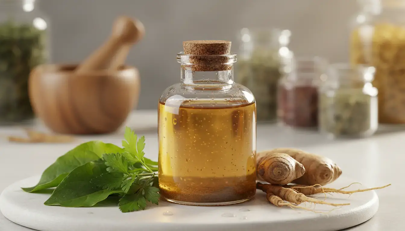 Flacon de préparation traditionnelle aux plantes et stéthoscope, symbolisant la complémentarité entre médecine chamanique et conventionnelle