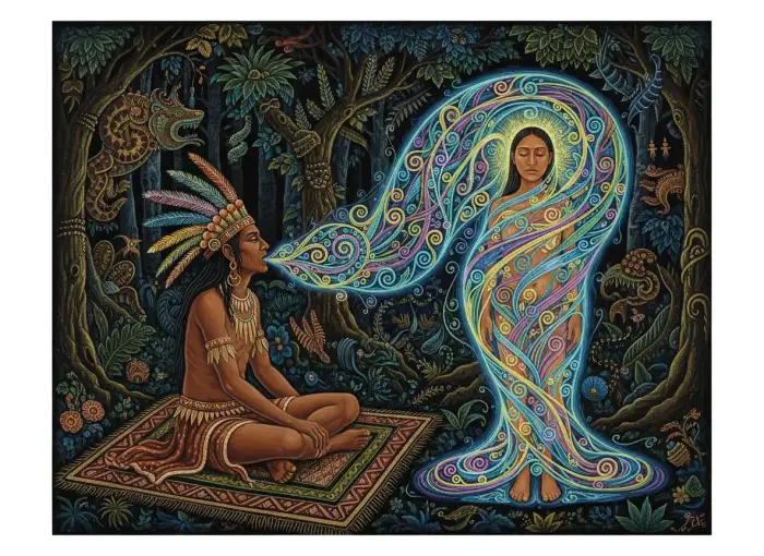 Illustration d'un soin chamanique de libération par le son des icaros shipibo.