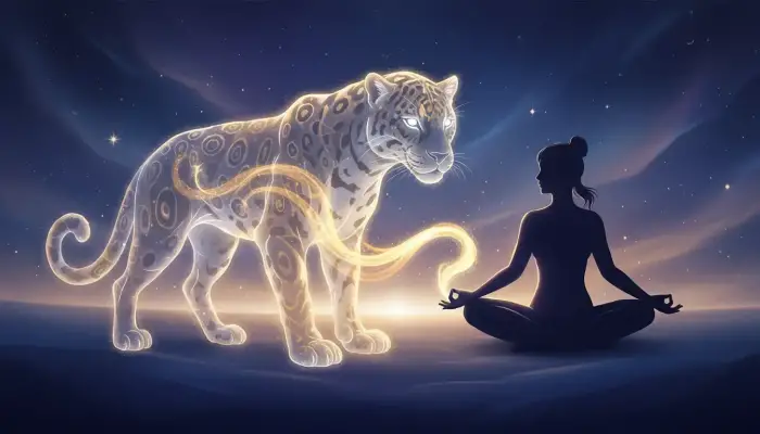 Illustration d'un esprit animal de pouvoir lumineux se tenant aux côtés d'une personne.