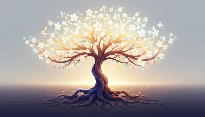 Illustration d'un arbre familial dont les racines sombres se transforment en lumière, symbolisant la libération transgénérationnelle.