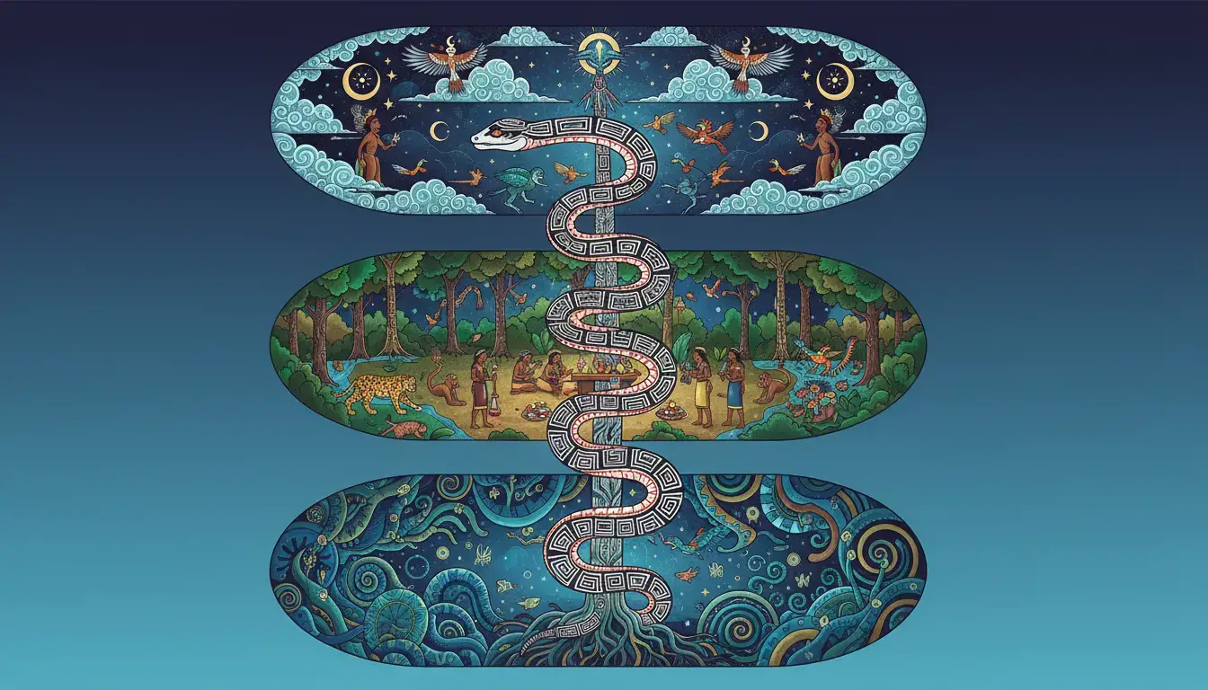 Illustration de la cosmovision Shipibo symbolisant la connexion pour un soin à distance.