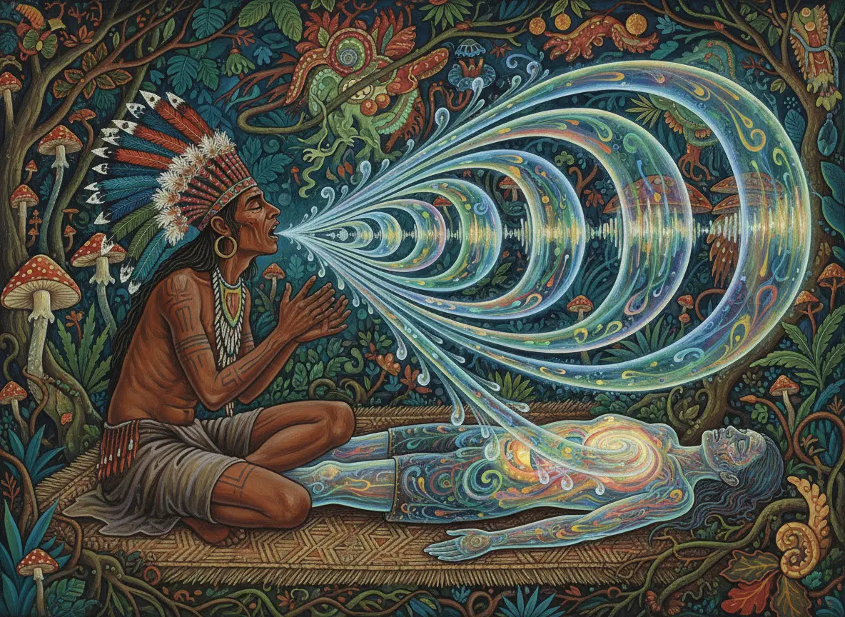 Chamane Shipibo chantant des icaros sacrés pendant une cérémonie