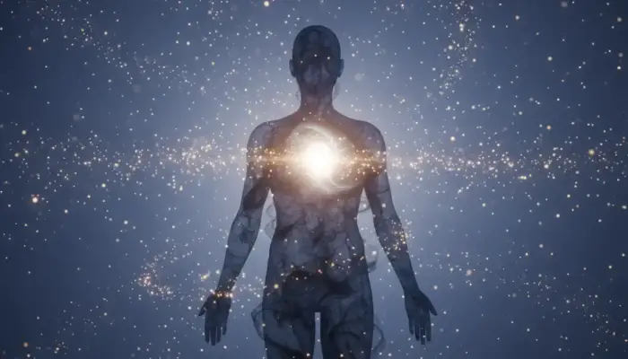 Illustration du recouvrement d'âme, une sphère lumineuse réintègre une silhouette humaine.