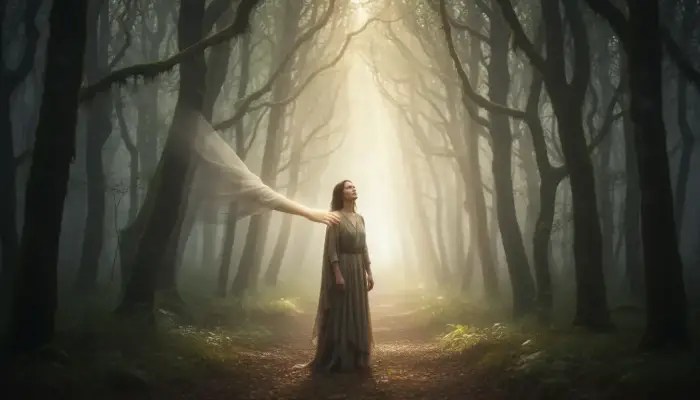 Personne à l'entrée d'un chemin, guidée par une main, symbolisant l'intégration après le soin chamanique.