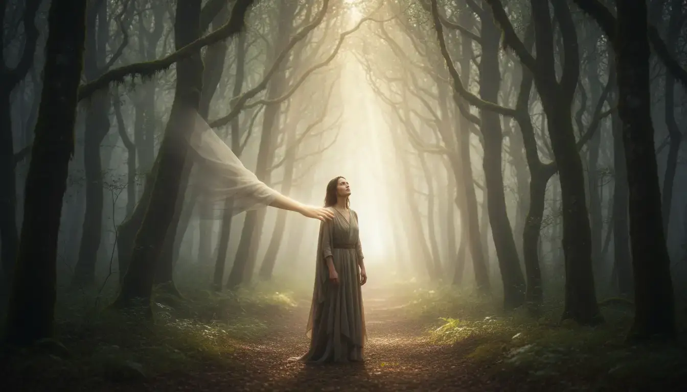 Personne à l'entrée d'un chemin brumeux symbolisant la préparation à un voyage chamanique guidé.