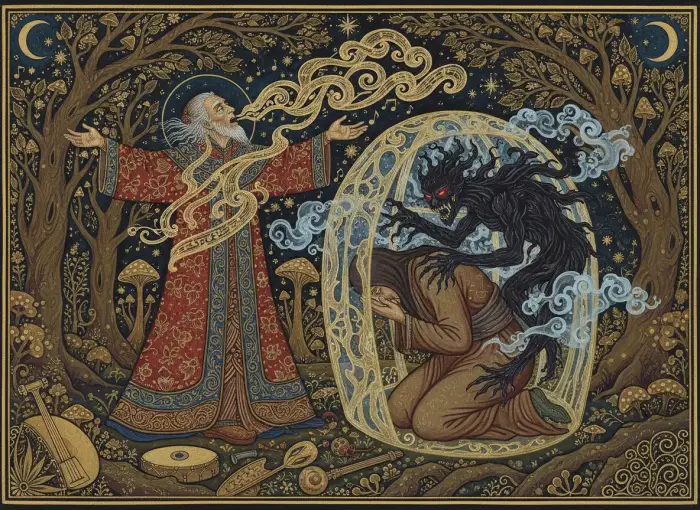 Illustration d'une libération chamanique d'une entité attachée à une aura humaine.